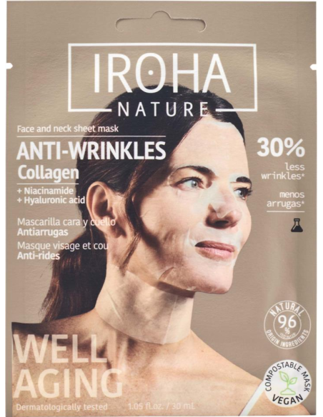 Iroha Nature kortsuvastane näo- ja kaelamask kollageeni, niatsiinamiidi ja hüaluroonhappega naha prinkuse toetamiseks