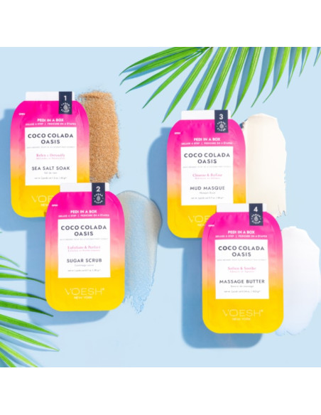 VOESH - PEDI IN A BOX jalahoolduskomplekt Coco Colada Oasis kuivale nahale, värskendav, 4 toodet
